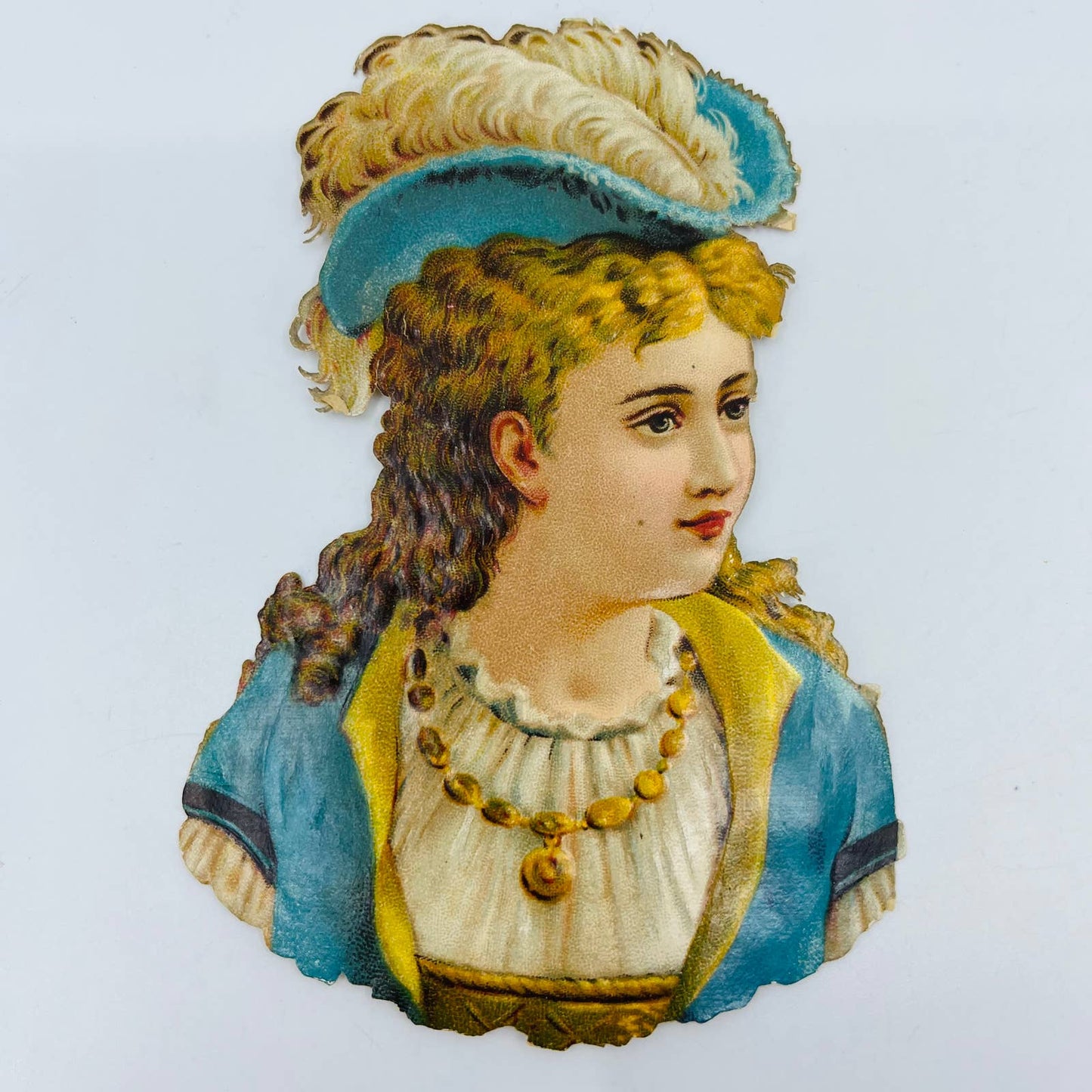 1880s Victorian Die Cut Scrap Fancy Lady in Blue With Feather Hat 5 nx 3.5 AA2