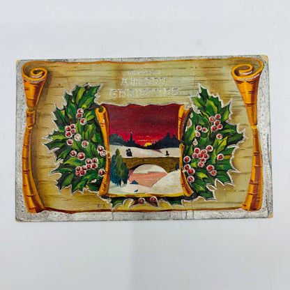 1910s Christmas Post Card Embossed Bridge Birch Bark Scroll Snow Holly PA4