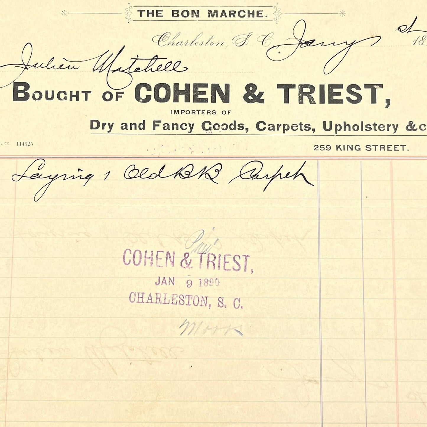 1890 Cohen & Triest The Bon Marche Letterhead Bill Head Charleston SC AB9