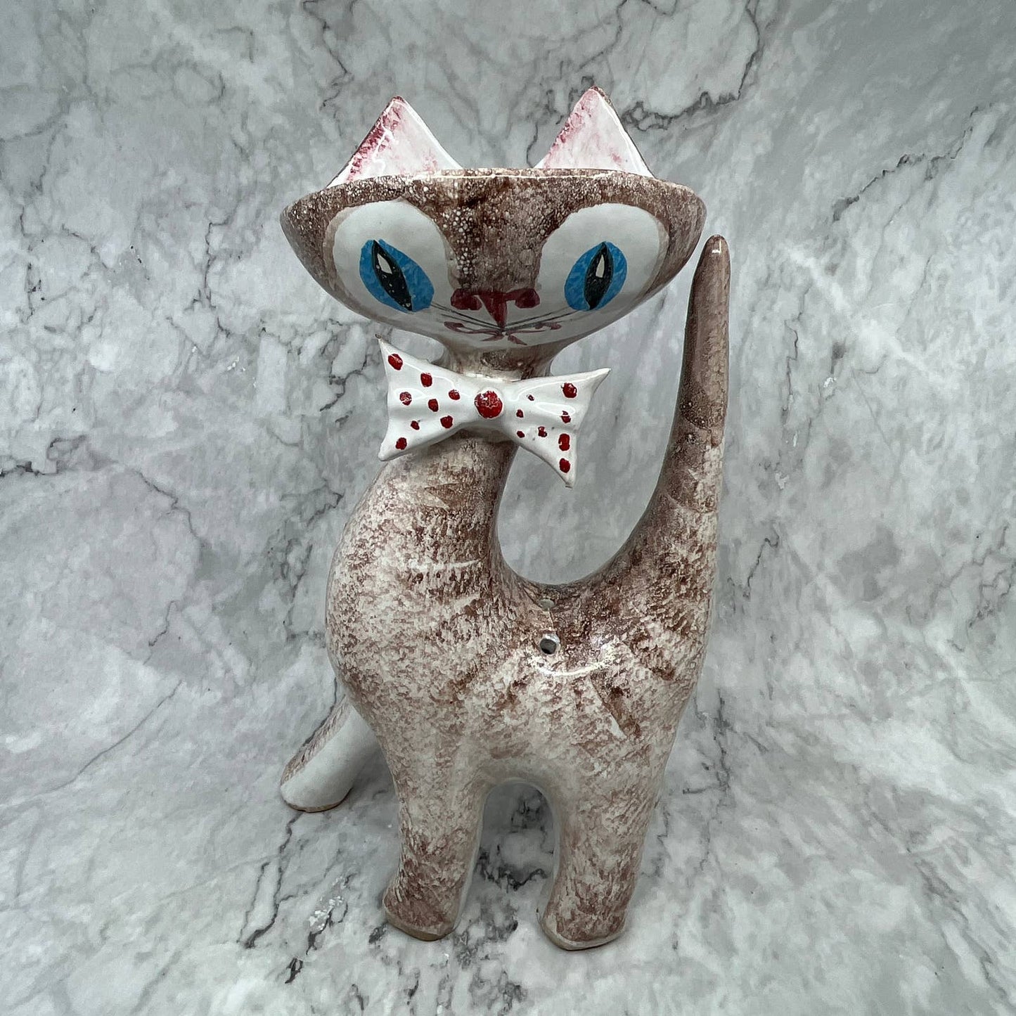 1950s Italian Ceramic Cat Vase Hand Painted Pottery Atomic Space Age Era 12x7”
