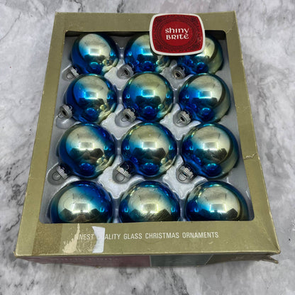 Shiny Brite 12 Vtg 2 5/8" Mercury Glass Ornaments Original Box Blue Ombre TJ9