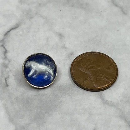 Vintage Small Blue Button Charm With Silver Tone Horse Inlay SE7