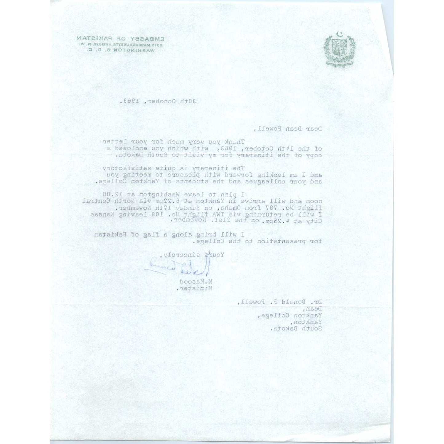 Embassy of Pakistan Official Letterhead Memo M. Masood 1963 TK1-P10