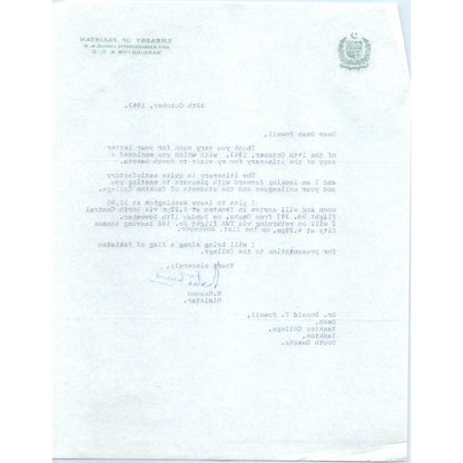 Embassy of Pakistan Official Letterhead Memo M. Masood 1963 TK1-P10