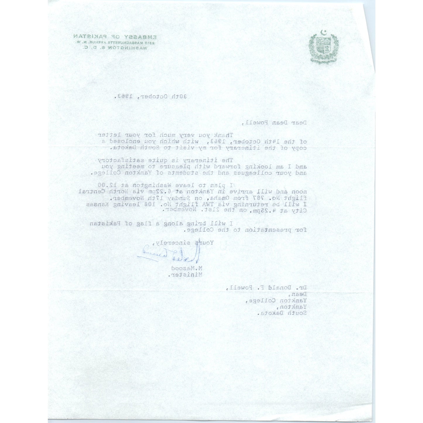Embassy of Pakistan Official Letterhead Memo M. Masood 1963 B9