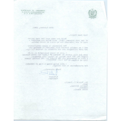 Embassy of Pakistan Official Letterhead Memo M. Masood 1963 B9