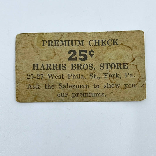 1880s Premium Check Chit 25 Cents Harris Bros. Store West Philadelphia PA SC6