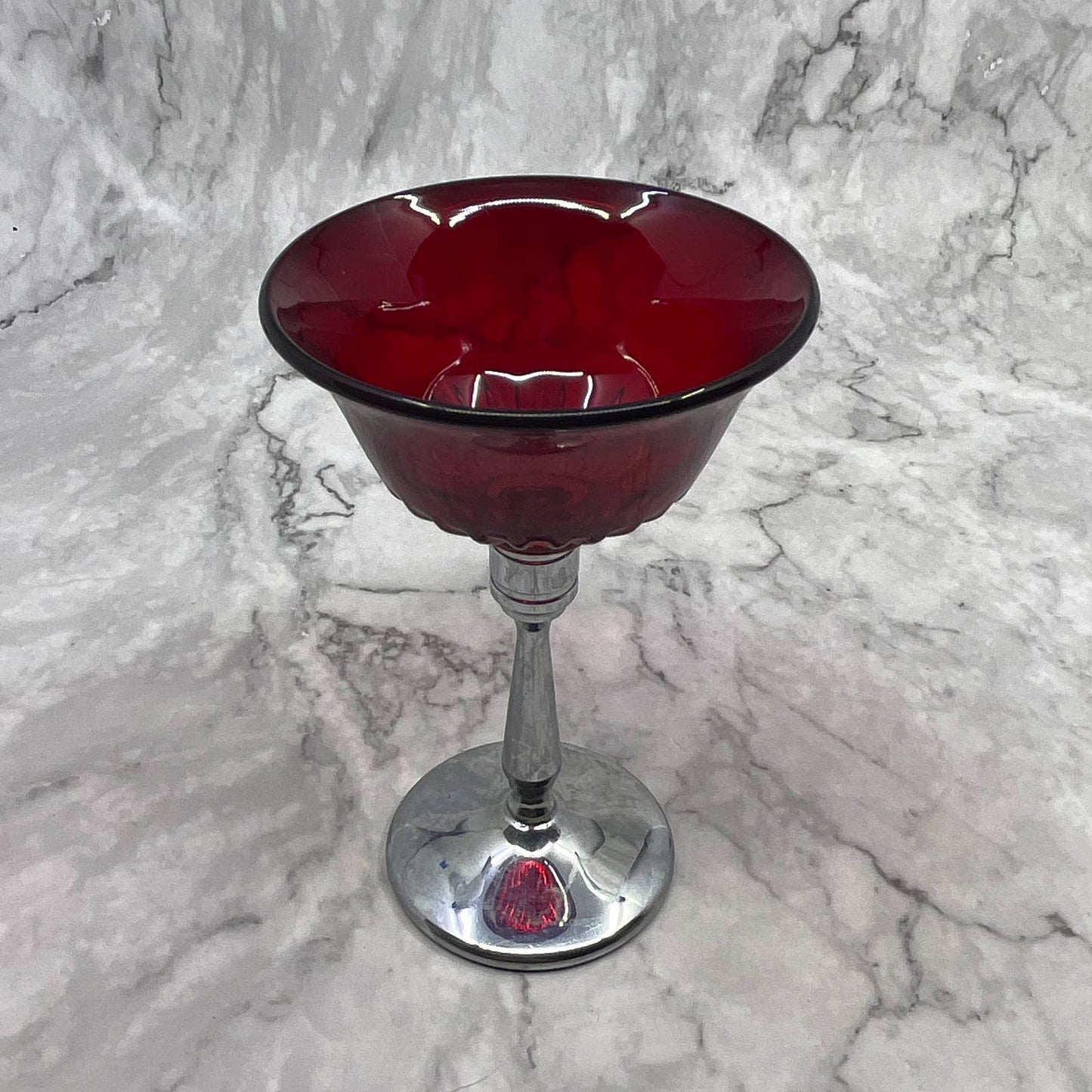 New Martinsville Red Elegant Glass Chrome Stem 5 1/4" Wine Glass Set of 2 TI7