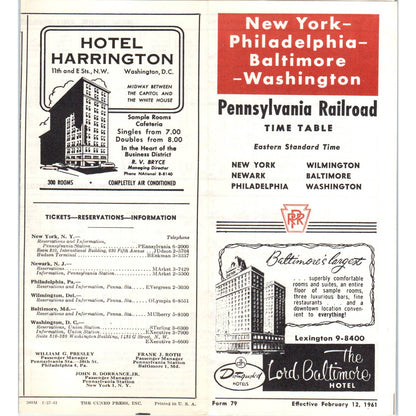 c1961 Pennsylvania RR New York Philadelphia Baltimore Washington Timetable SE8