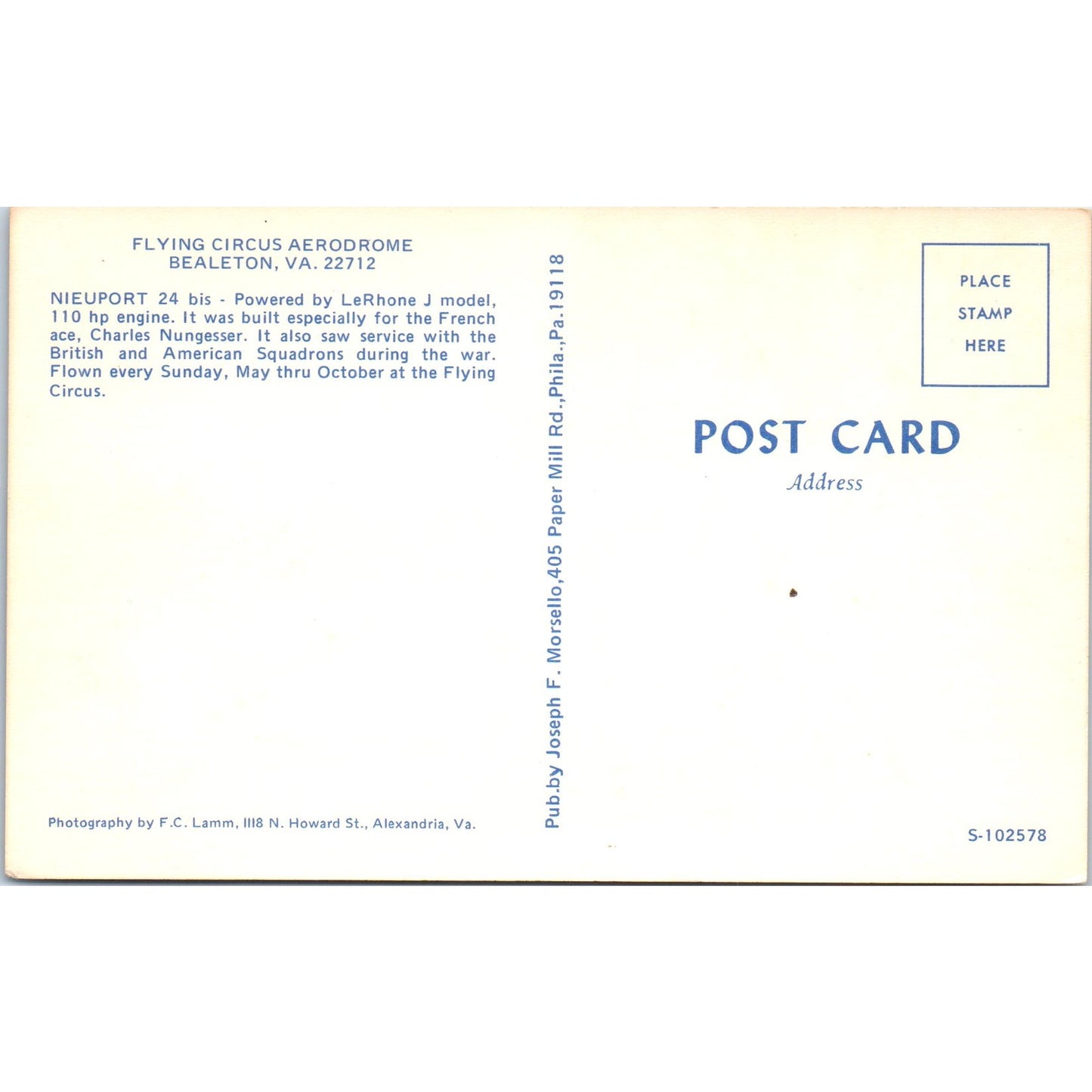 Flying Circus Aerodrome Bealeton VA 22712 - Original Postcard P3-4