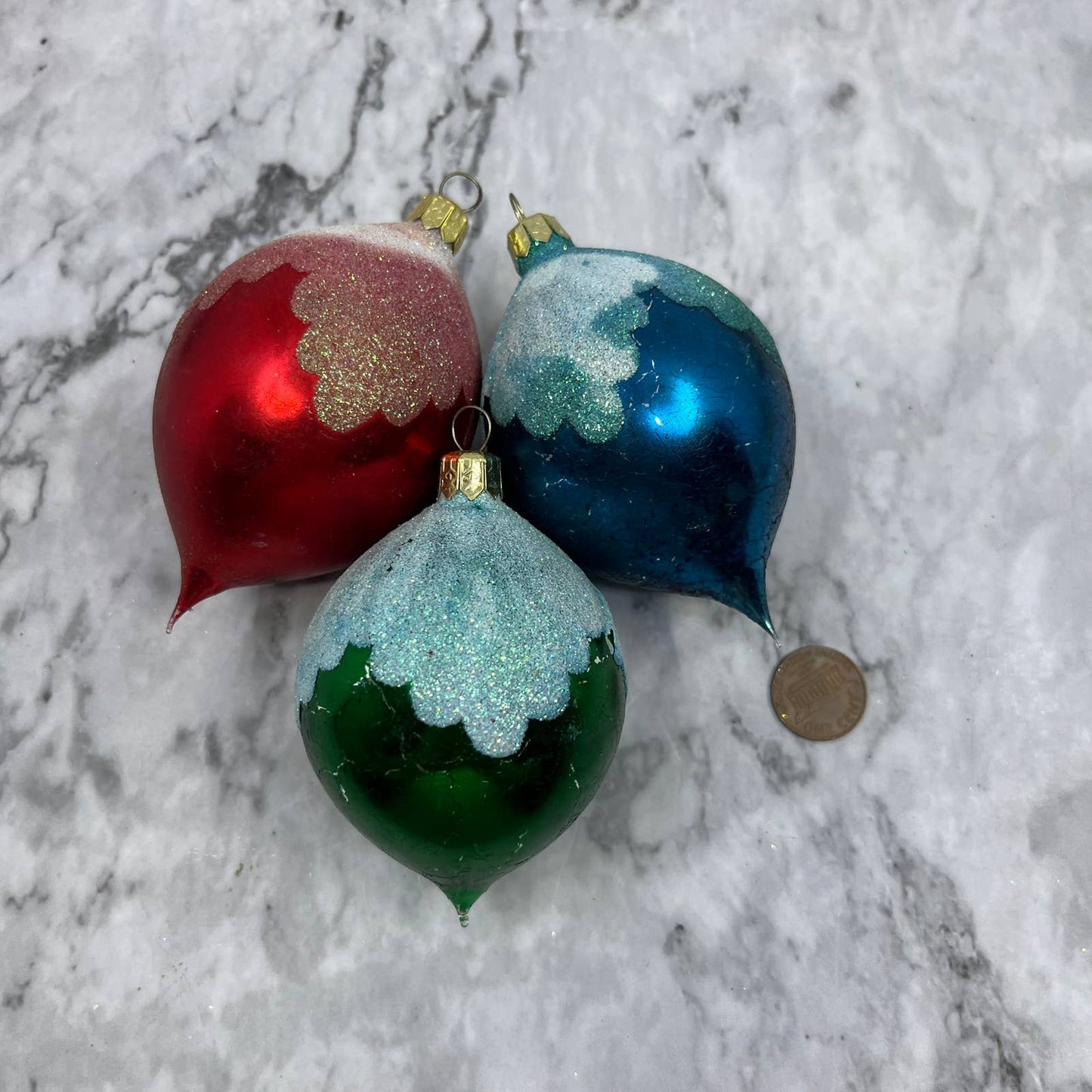 Vintage Lot of 3 Teardrop Mercury Glass Ornaments Red Blue Green Mica OT1