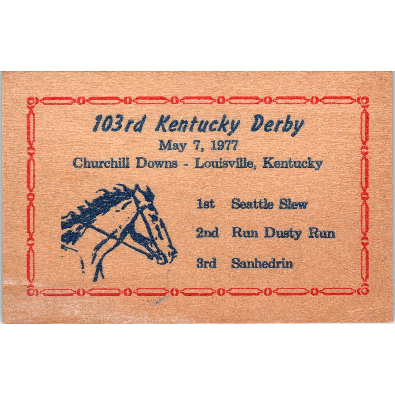 1977 Wooden Souvenir Card 103rd Kentucky Derby Louisville Seattle Slew SE4