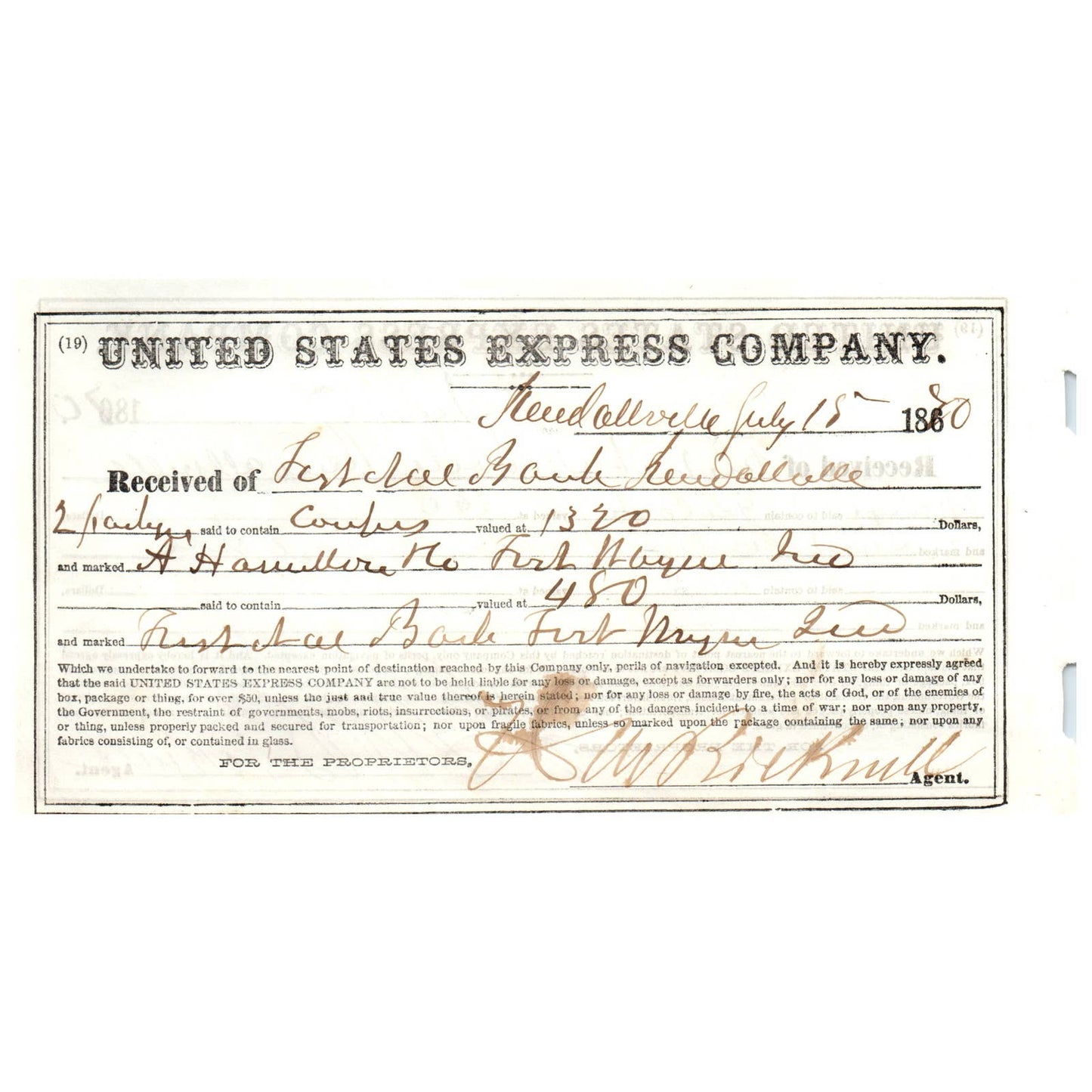 1870 United States Express Company Handwritten Receipt AD8-2