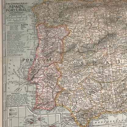 Antique 1897 The Century Atlas Map of SPAIN & PORTUGAL Engraved 12.5 x 17” FL5