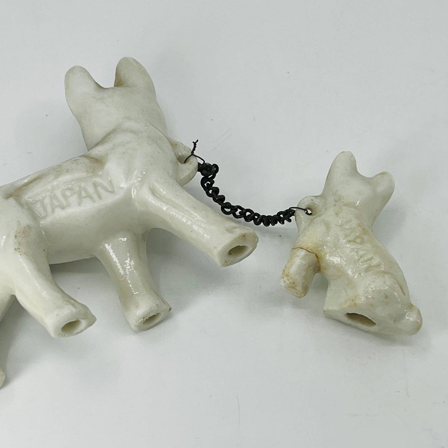 Vintage French Bulldog Dog With Puppy on Chain Hand Painted Porcelain 2.5” SA5