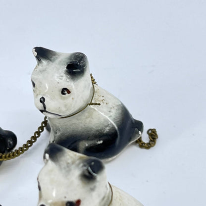 Vintage Set of 4 Porcelain Ceramic Painted French Bulldogs on Chain 1” SC8