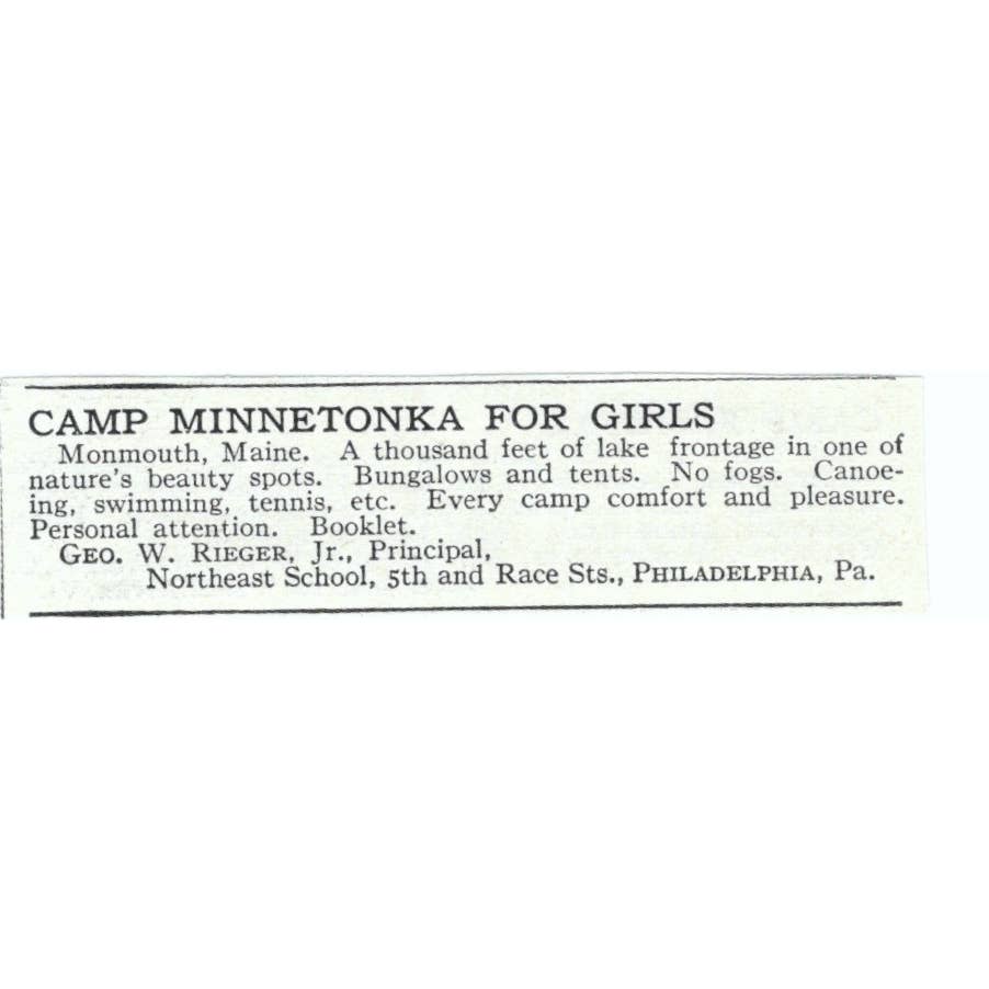 Camp Minnetonka for Girls Monmouth Maine Geo. W. Rieger 1921 Original Ad TJ7-S6