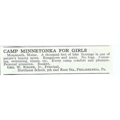 Camp Minnetonka for Girls Monmouth Maine Geo. W. Rieger 1921 Original Ad TJ7-S6