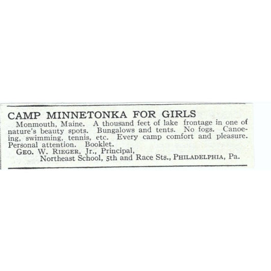 Camp Minnetonka for Girls Monmouth Maine Geo. W. Rieger 1921 Original Ad TJ7-S6