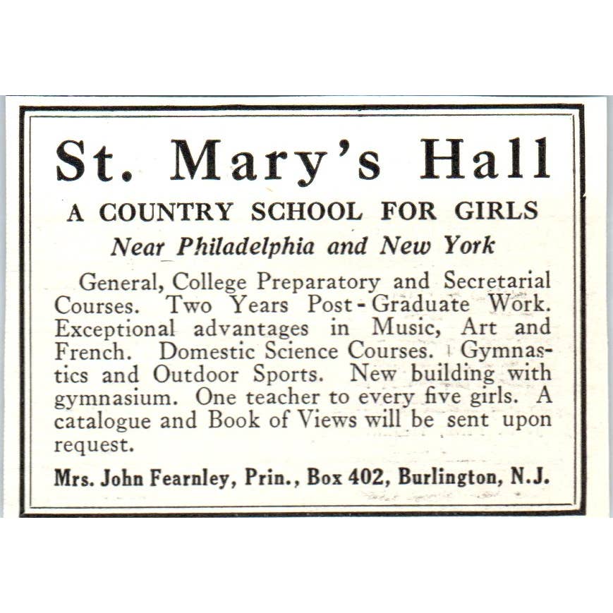 St. Mary's Hall Country School John Fearnley Burlington NJ - 1921 Ad TJ7-S8