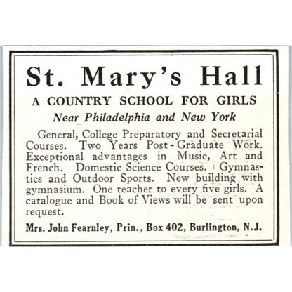 St. Mary's Hall Country School John Fearnley Burlington NJ - 1921 Ad TJ7-S8