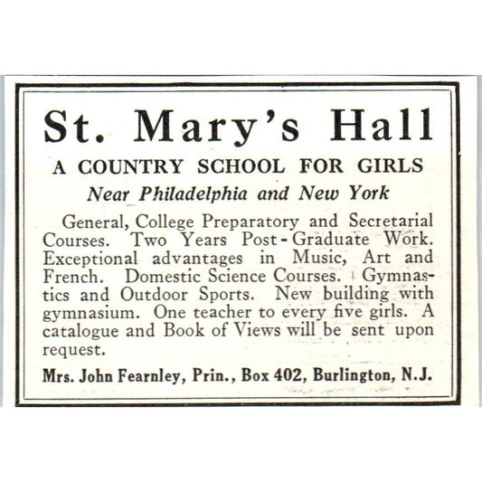 St. Mary's Hall Country School John Fearnley Burlington NJ - 1921 Ad TJ7-S8