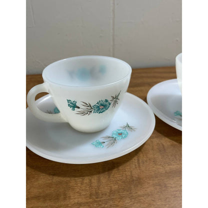 1950s MCM Atomic Fire King Cup Mug Saucer Bonnie Blue Carnation Set of 2 TG8