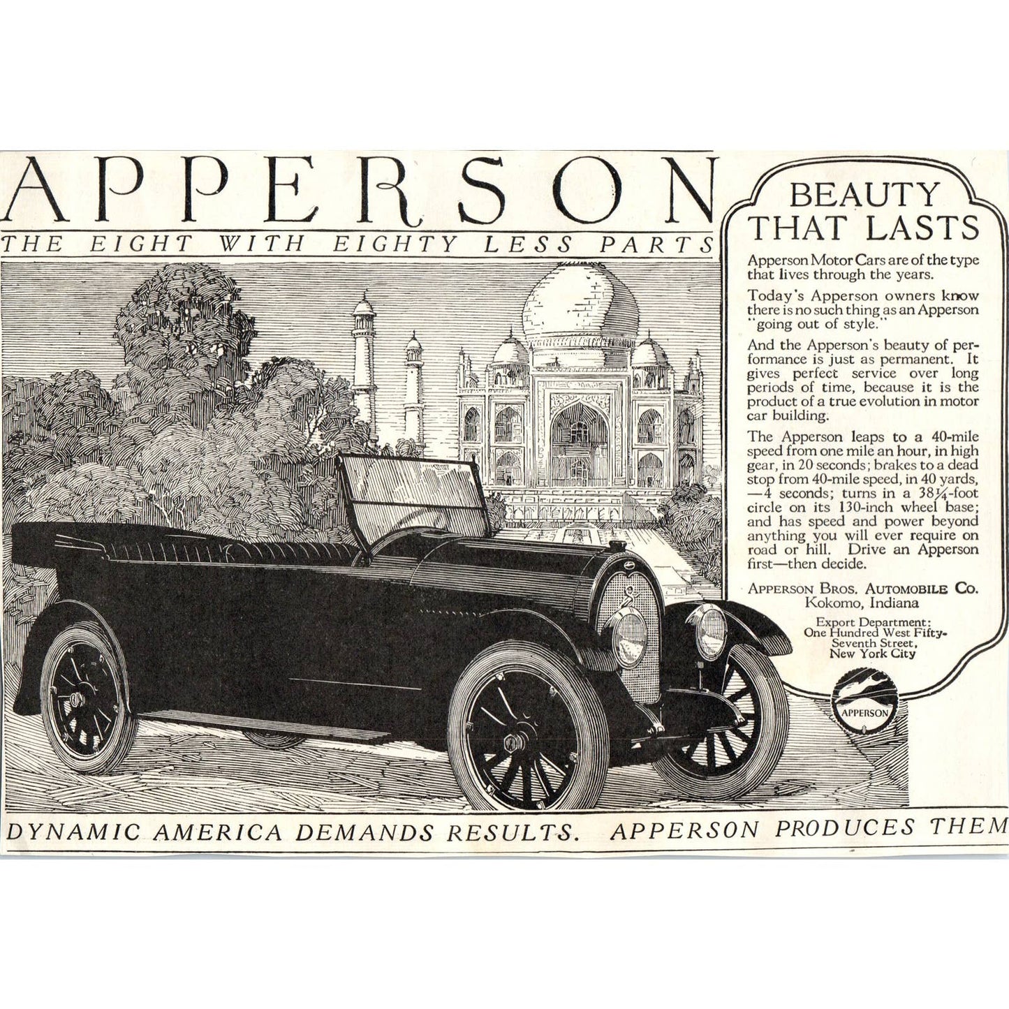 c1920 Harper's Magazine Ad - Apperson Bros. Motor Car Co Kokomo Indiana TF6-1