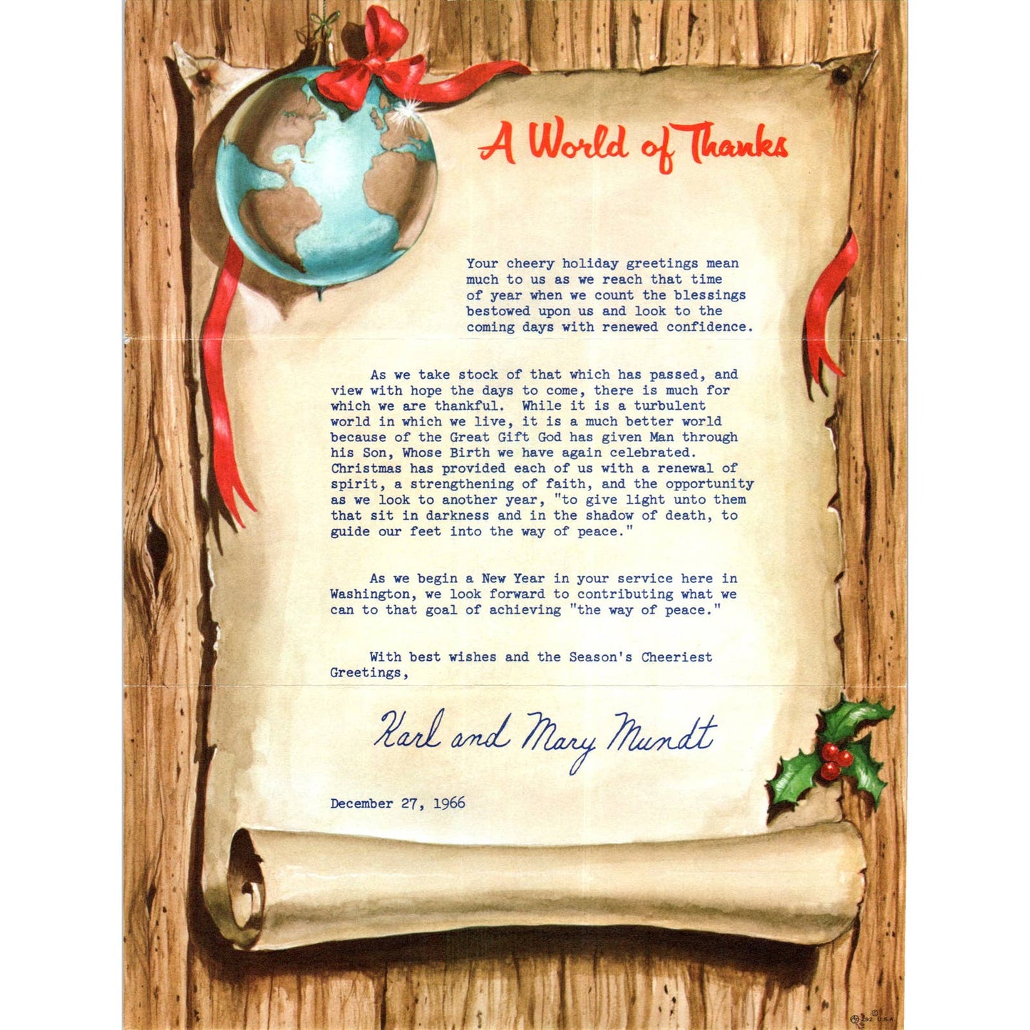 1966 Christmas Letter from Senator Karl Mundt and Wife Mary TK1-P6