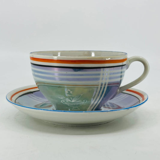 Vtg RARE Japanese Iridescent Opal Lusterware Blue Stripe Cup and Saucer Set TC8