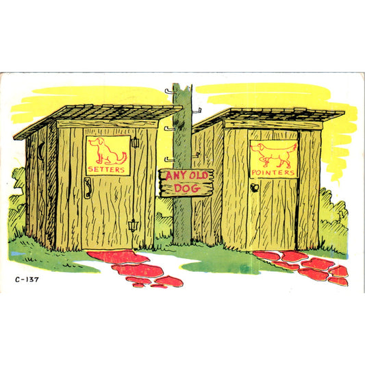 Dog Setter Pointer Outhouse Bathroom Humor Comic Original Postcard P2-3