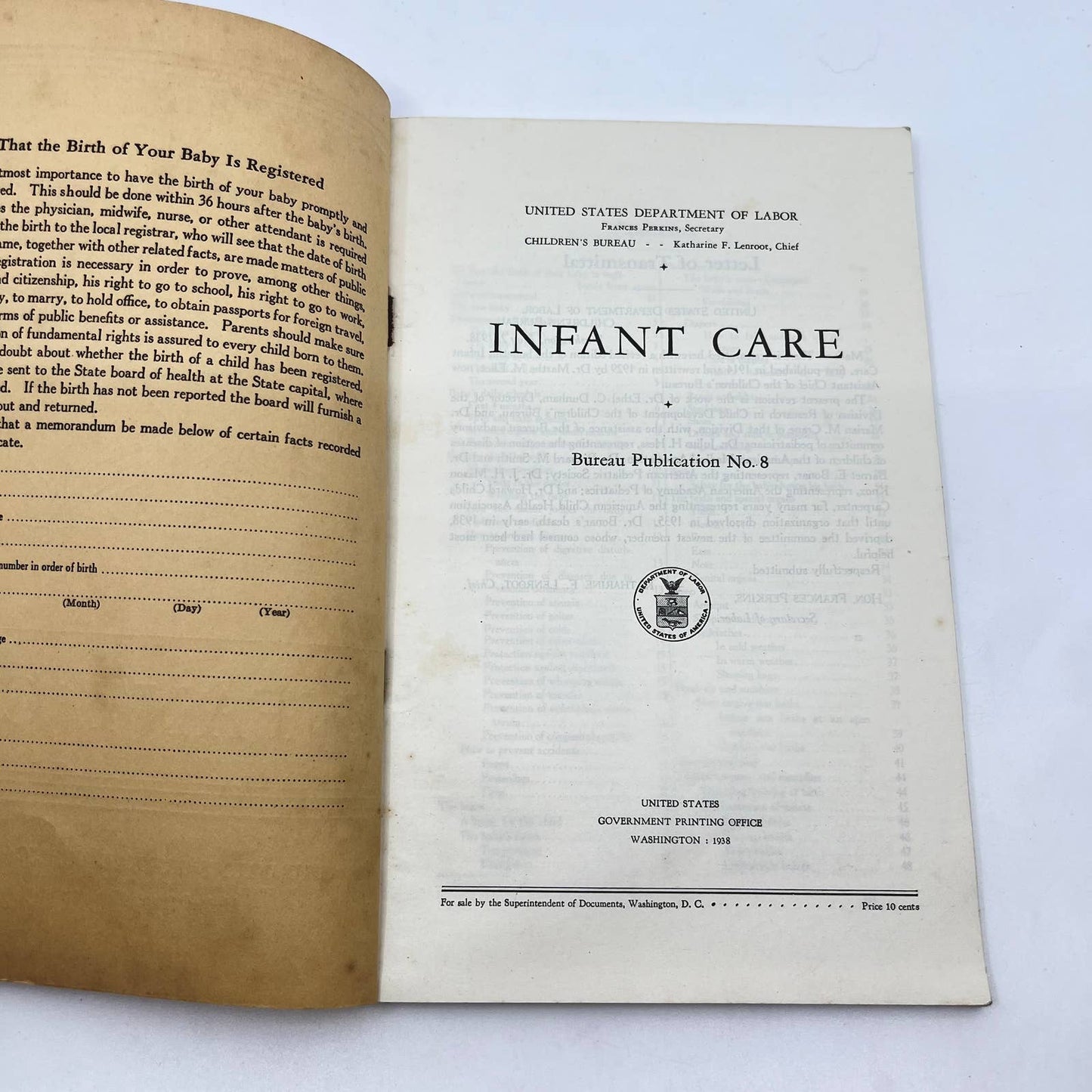 1938 Infant Care Booklet US Department of Labor TF7