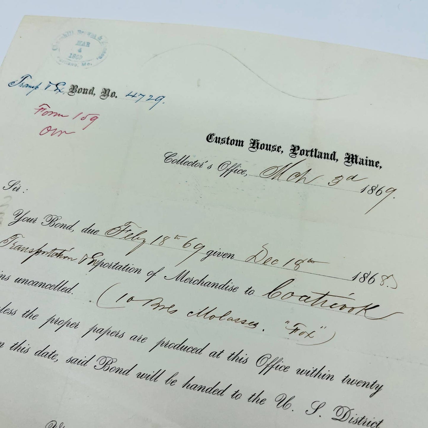 1869 Custom House Portland ME Embossed Stamped Billhead Letterhead Receipt AA4