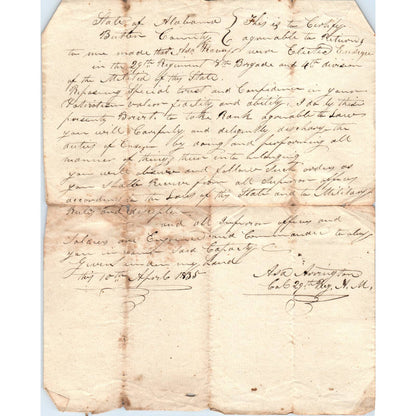 1835 Alabama Certification Letter Asa Peavy Elected Ensign 29th Reg. Militia AD6