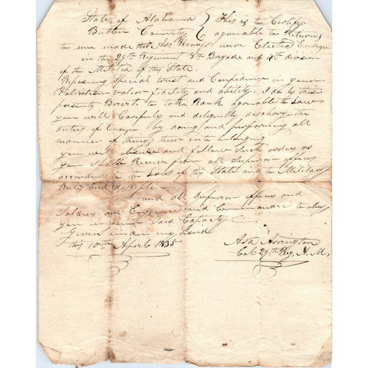1835 Alabama Certification Letter Asa Peavy Elected Ensign 29th Reg. Militia AD6