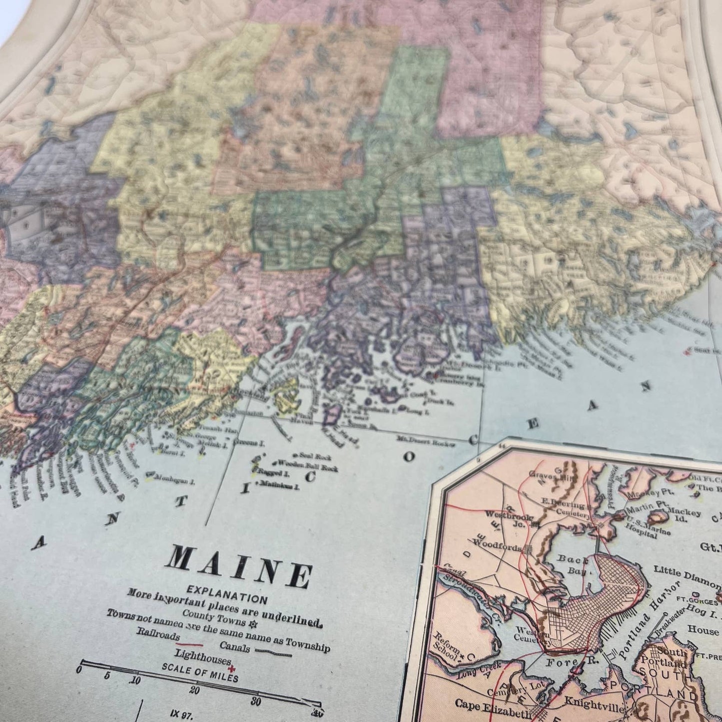 1896 Engraved Tinted Map of Maine 12x19" FL5