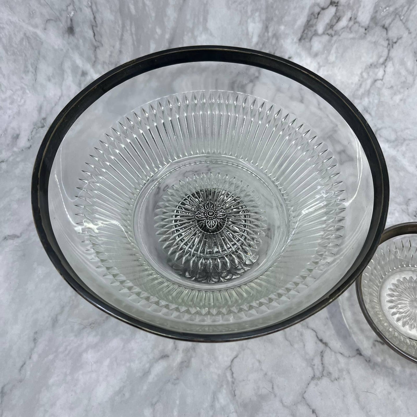 Vtg Pedestal Crystal Chip and Dip Bowl Set Fruit Bowl w/ Metal Rim & Base TE3
