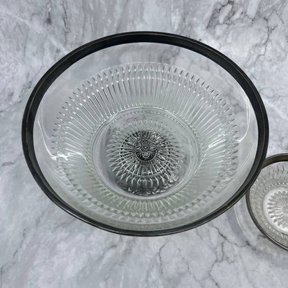 Vtg Pedestal Crystal Chip and Dip Bowl Set Fruit Bowl w/ Metal Rim & Base TE3