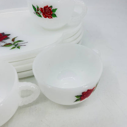 Vintage MCM Atomic 8 Piece Federal Milk Glass Rosecrest Snack Set Roses TC4