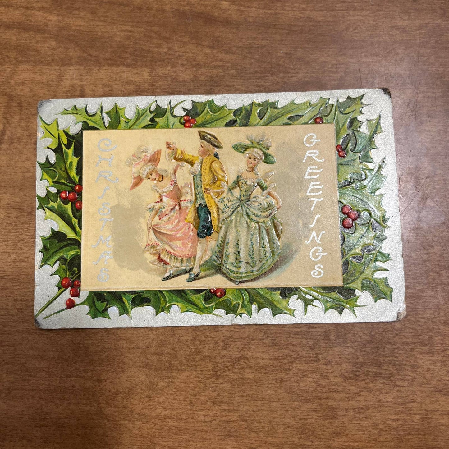 c1900 Embossed Silver Holly Edwardian Holly Christmas Greetings Postcard PA2