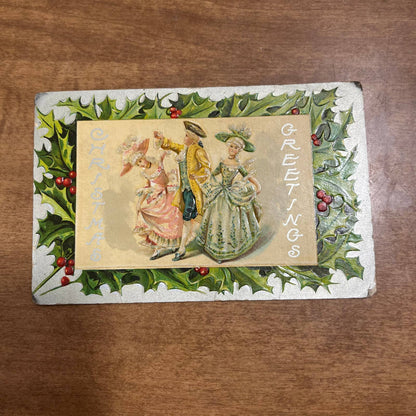 c1900 Embossed Silver Holly Edwardian Holly Christmas Greetings Postcard PA2
