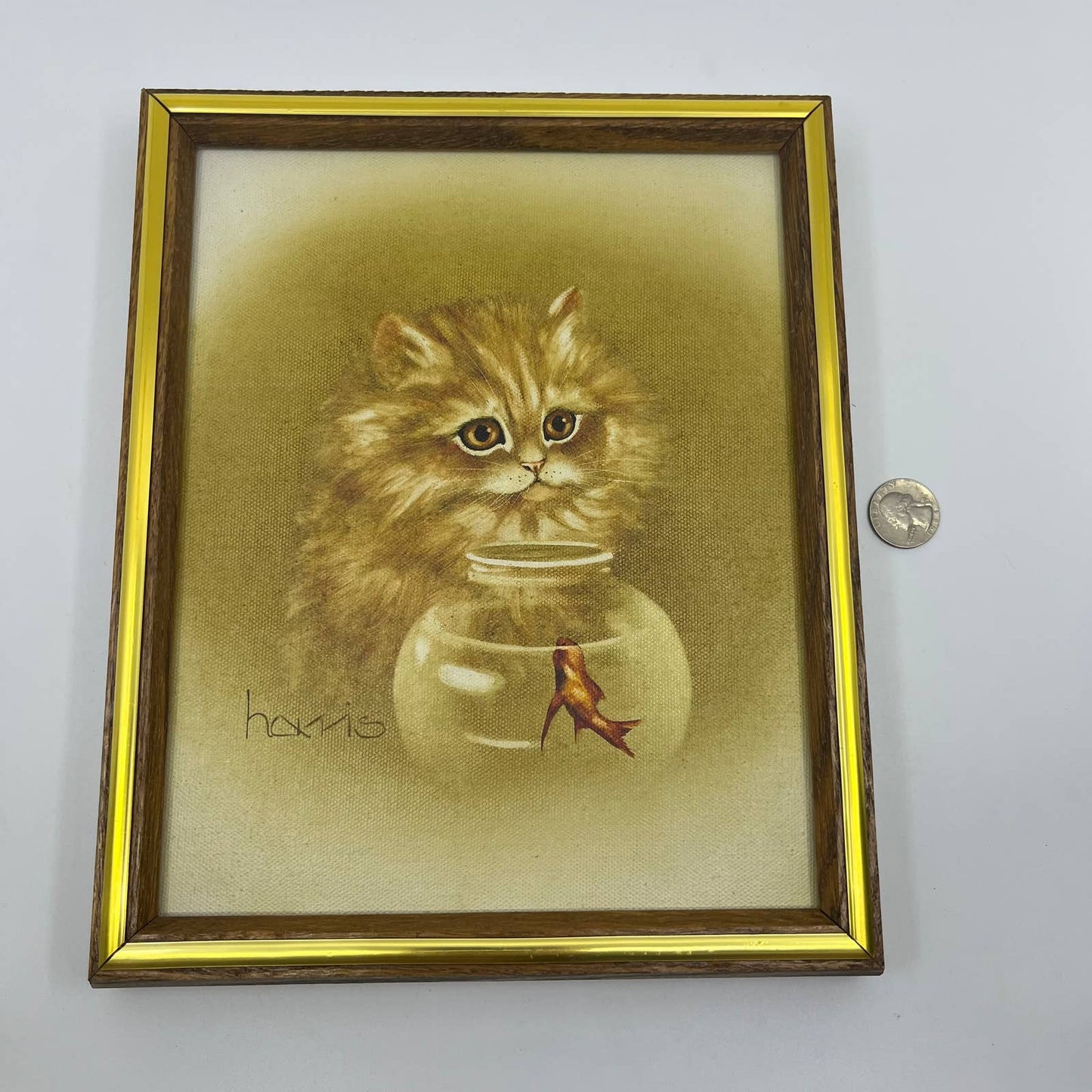 1985 Original Framed Peggy Harris Painting on Canvas Cat and Fish Bowl TG1