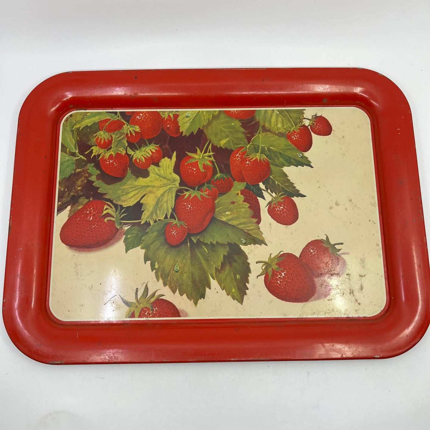 1940s Toleware Tin Enamel Strawberry Dinner Tray Set OF 4 - 17.5 x 13 TH2-1