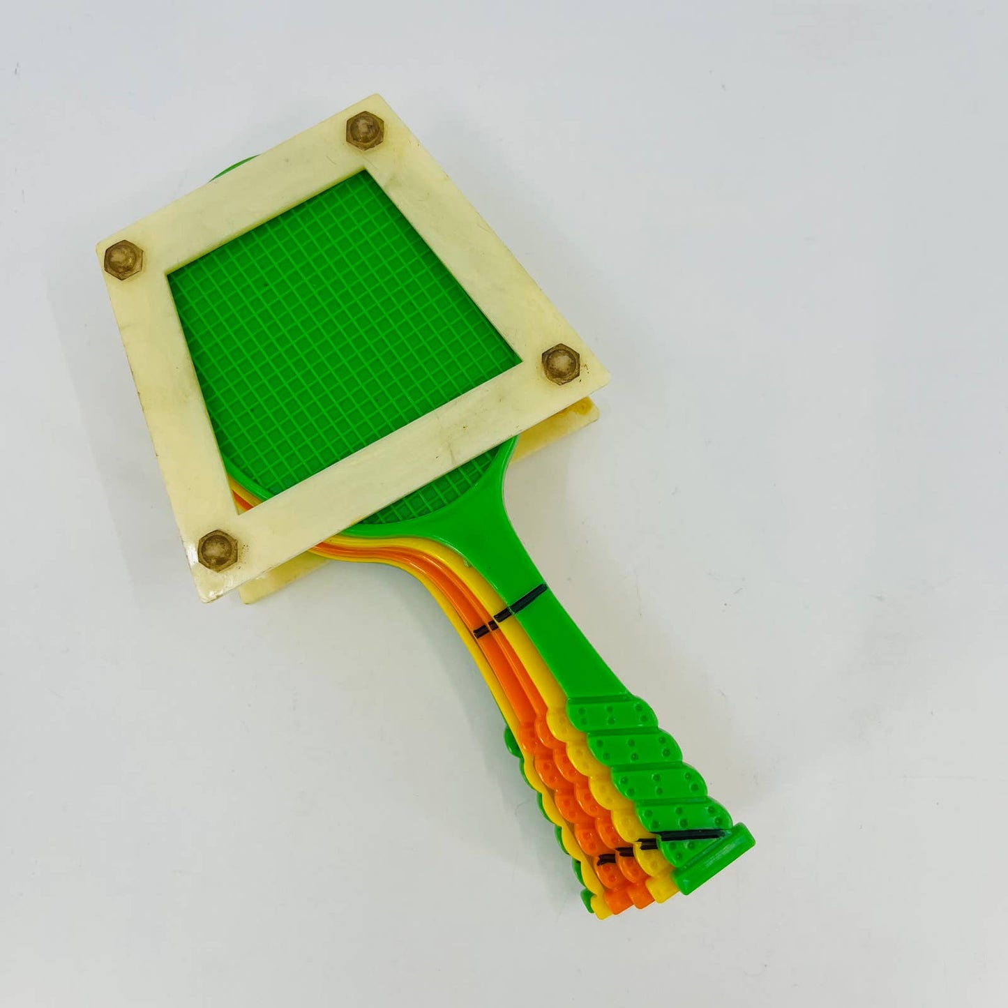 Vintage 1960s 7" Plastic toy tennis racket set of 6 Green Orange Yellow TE1