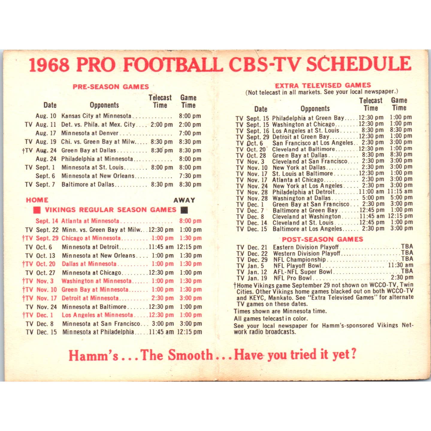 Minnesota Vikings 1968 TV Schedule Brought to you on TV by Hamms TK1-P3