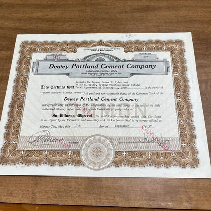 Antique 1937 Stock Certificate Dewey Portland Cement Company Kansas City MO B5