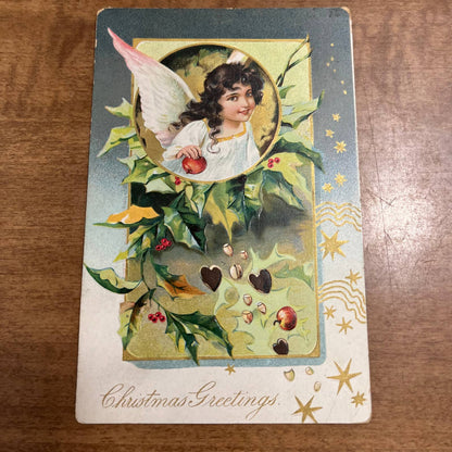c1900 Tuck's RTS Christmas Postcard Angel Mistletoe Holly Berries Gold Star PA2