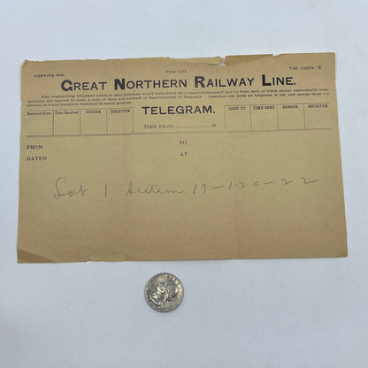 1899 Great Northern Railway Line Telegram Form AB7