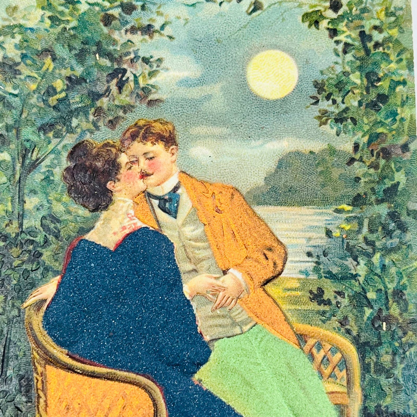 1910s Post Card Romance Illustrated Victorian Couple Kissing Moonlight Poem PA6