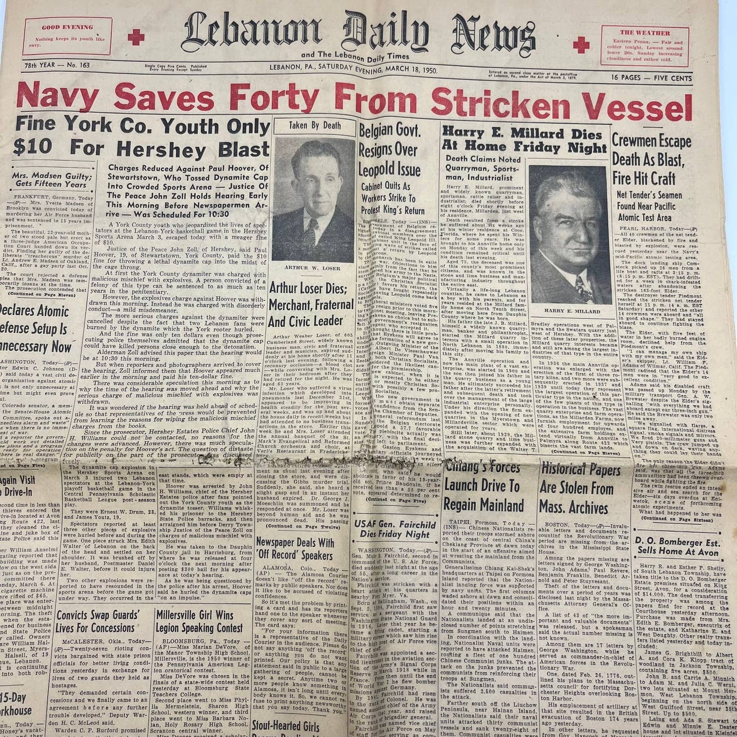 1950 Mar 18 LEBANON DAILY NEWS Newspaper Navy Saves 40 Stricken Vessel TI6-25